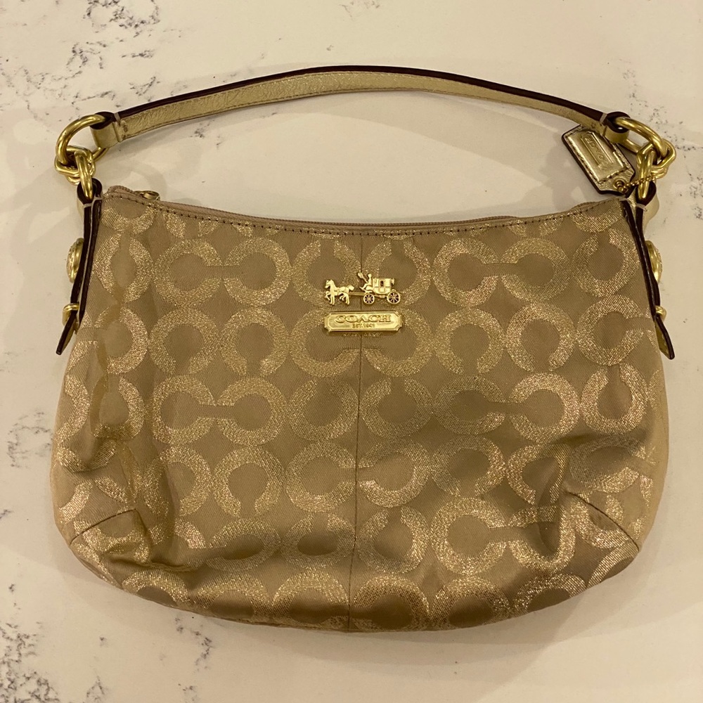 Coach Mia Signature Pouch Purse- Khaki Gold Lurex